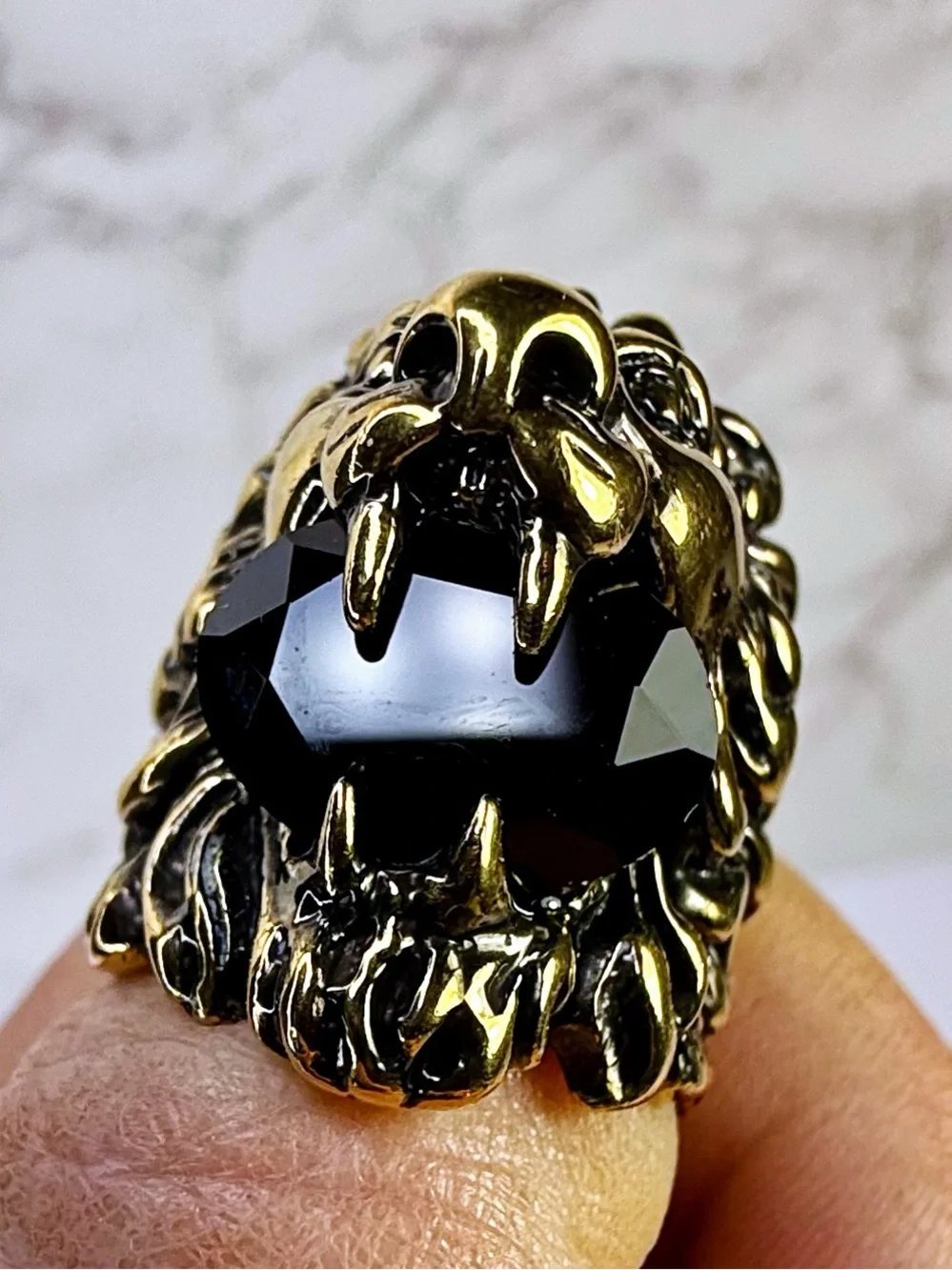Gucci Lion Head Statement Ring with Black Onyx Crystal